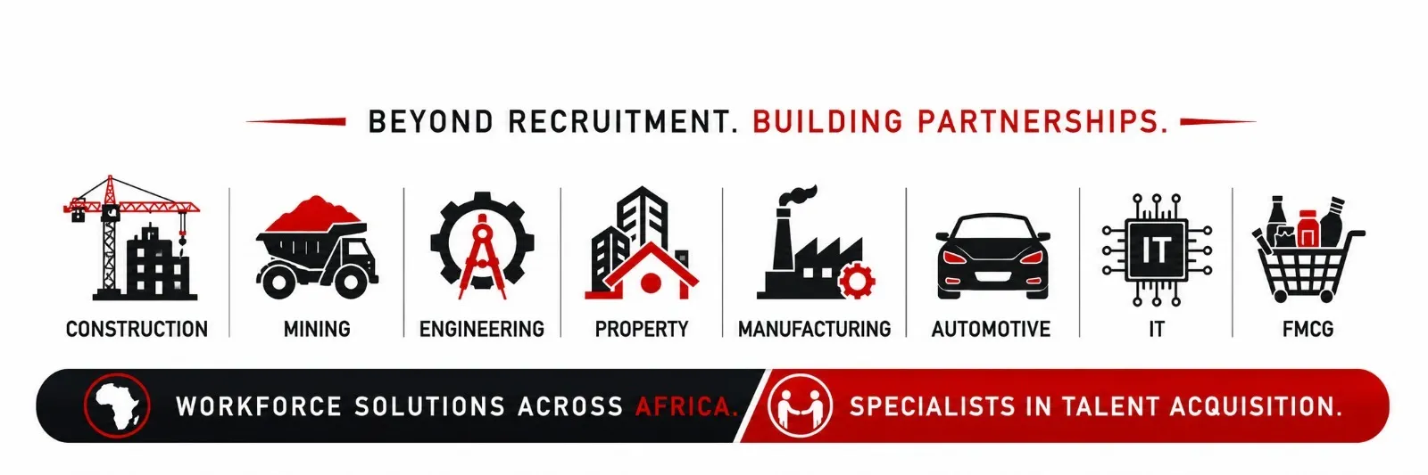 Beyond Recruitment. Building Partnerships. Workforce solutions across Africa in Construction, Mining, Engineering, Property, Manufacturing, Automotive, IT and FMCG